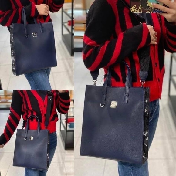 $750 MCM Aren Navy Leather Camouflage Print Tote Bag - Picture 3 of 9